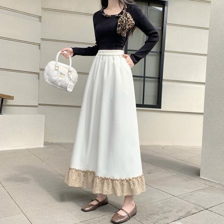 FA54211# 法式松紧腰蕾丝花边拼接中长款半身裙秋冬新款宽松休闲大摆裙 服裝批發女裝批發服飾貨源