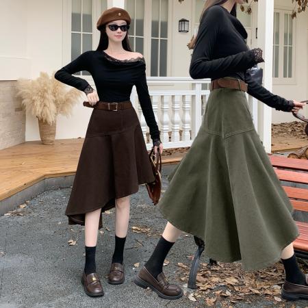 FA54212# 高品质美式设计感复古不规则高腰中长款半身裙女小众a字裙+腰带 服裝批發女裝批發服飾貨源