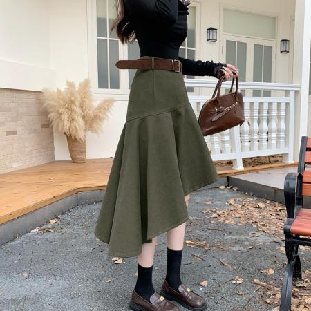 FA54212# 高品质美式设计感复古不规则高腰中长款半身裙女小众a字裙+腰带 服裝批發女裝批發服飾貨源