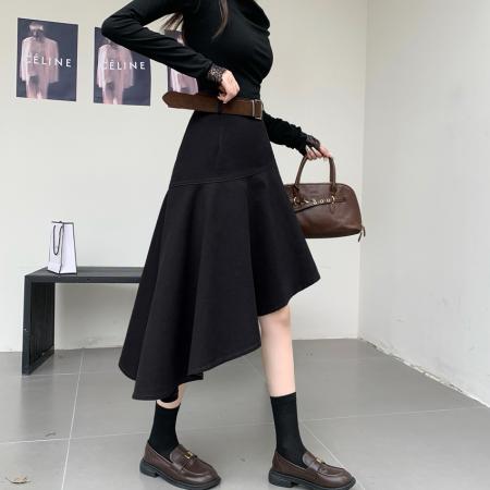 FA54212# 高品质美式设计感复古不规则高腰中长款半身裙女小众a字裙+腰带 服裝批發女裝批發服飾貨源