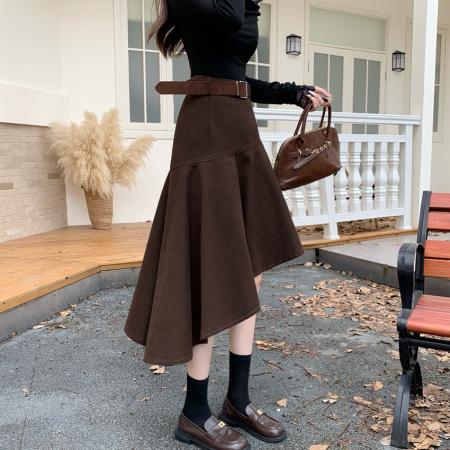 FA54212# 高品质美式设计感复古不规则高腰中长款半身裙女小众a字裙+腰带 服裝批發女裝批發服飾貨源