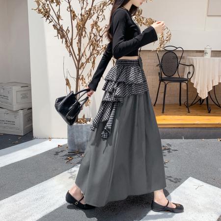 FA54213# 设计感小众格子拼接假两件中长款不规则半身裙高腰显瘦大摆裙 服裝批發女裝批發服飾貨源