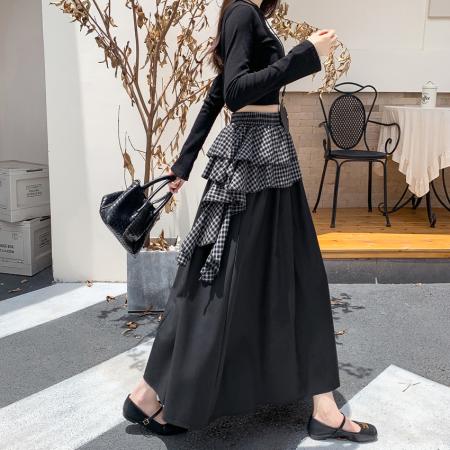 FA54213# 设计感小众格子拼接假两件中长款不规则半身裙高腰显瘦大摆裙 服裝批發女裝批發服飾貨源