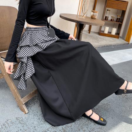 FA54213# 设计感小众格子拼接假两件中长款不规则半身裙高腰显瘦大摆裙 服裝批發女裝批發服飾貨源