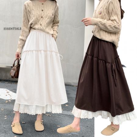 FA54214# 小众蕾丝花边拼接毛呢中长款半身裙秋冬大摆A字显瘦垂感长裙 服裝批發女裝批發服飾貨源
