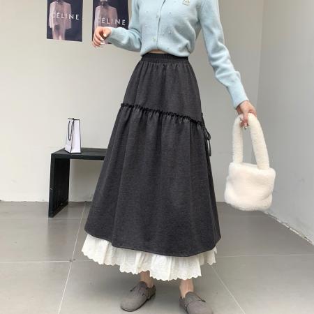 FA54214# 小众蕾丝花边拼接毛呢中长款半身裙秋冬大摆A字显瘦垂感长裙 服裝批發女裝批發服飾貨源