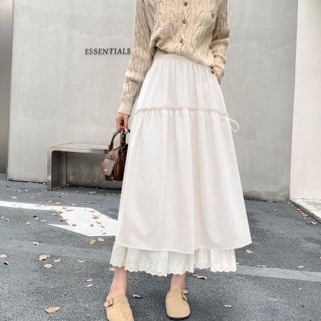 FA54214# 小众蕾丝花边拼接毛呢中长款半身裙秋冬大摆A字显瘦垂感长裙 服裝批發女裝批發服飾貨源