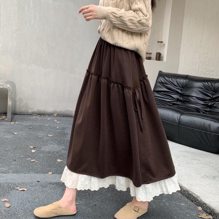 FA54214# 小众蕾丝花边拼接毛呢中长款半身裙秋冬大摆A字显瘦垂感长裙 服裝批發女裝批發服飾貨源