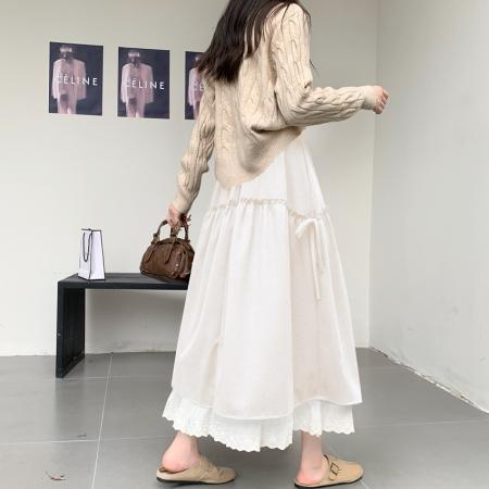 FA54214# 小众蕾丝花边拼接毛呢中长款半身裙秋冬大摆A字显瘦垂感长裙 服裝批發女裝批發服飾貨源