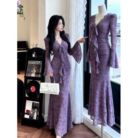 FA54216# 法式气质高级感超好看蕾丝连衣裙女秋季辣妹超仙紧身 服裝批發女裝批發服飾貨源