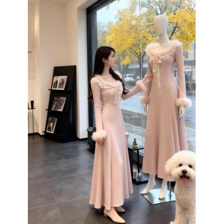 FA54218# 秋冬新款法式气质风收腰千金拼接毛毛蕾丝花边长袖连衣裙女潮 服裝批發女裝批發服飾貨源