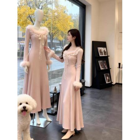 FA54218# 秋冬新款法式气质风收腰千金拼接毛毛蕾丝花边长袖连衣裙女潮 服裝批發女裝批發服飾貨源