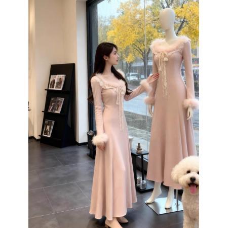 FA54218# 秋冬新款法式气质风收腰千金拼接毛毛蕾丝花边长袖连衣裙女潮 服裝批發女裝批發服飾貨源