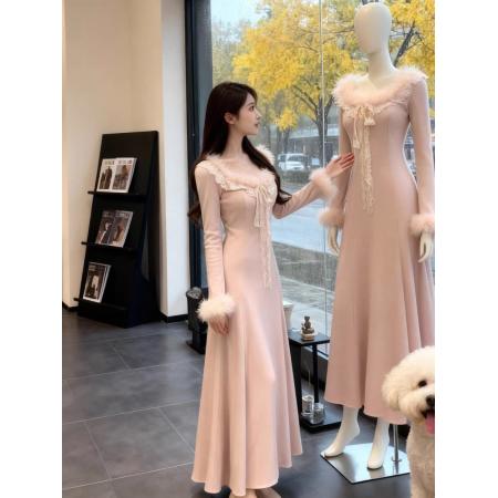 FA54218# 秋冬新款法式气质风收腰千金拼接毛毛蕾丝花边长袖连衣裙女潮 服裝批發女裝批發服飾貨源