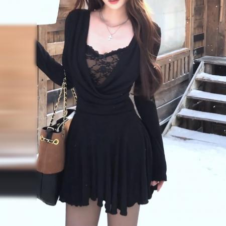 FA54220# 大码胖MM性感风假两件蕾丝拼接连衣裙女黑色长袖收腰遮肉短裙 服裝批發女裝批發服飾貨源