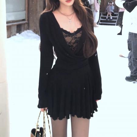 FA54220# 大码胖MM性感风假两件蕾丝拼接连衣裙女黑色长袖收腰遮肉短裙 服裝批發女裝批發服飾貨源