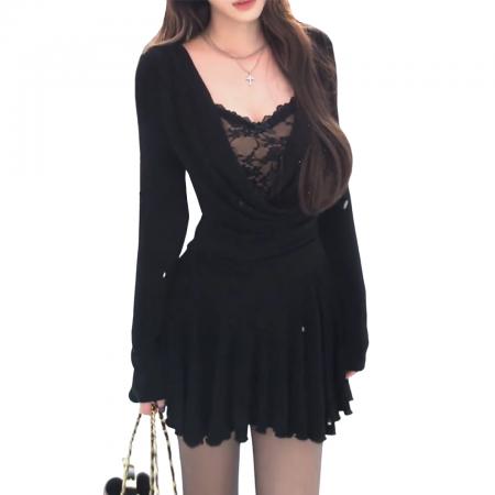 FA54220# 大码胖MM性感风假两件蕾丝拼接连衣裙女黑色长袖收腰遮肉短裙 服裝批發女裝批發服飾貨源