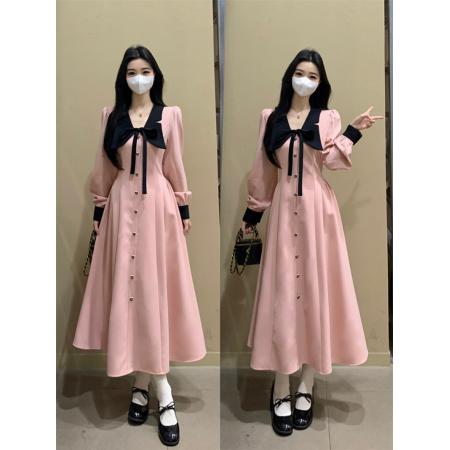 FA54221# 娃娃领法式气质小香风长袖连衣裙女秋冬高级感穿搭粉色衬衫裙 服裝批發女裝批發服飾貨源
