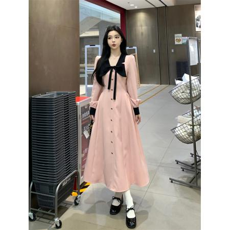 FA54221# 娃娃领法式气质小香风长袖连衣裙女秋冬高级感穿搭粉色衬衫裙 服裝批發女裝批發服飾貨源
