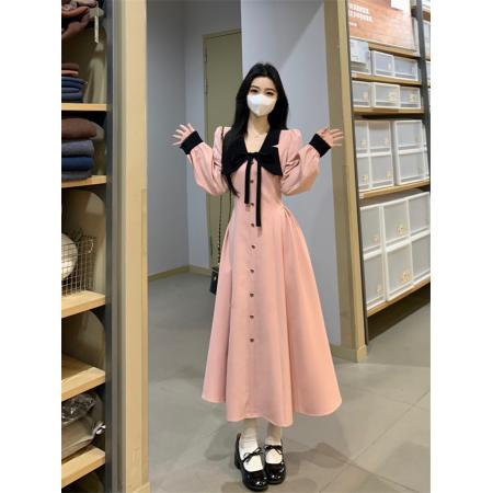 FA54221# 娃娃领法式气质小香风长袖连衣裙女秋冬高级感穿搭粉色衬衫裙 服裝批發女裝批發服飾貨源