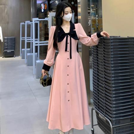 FA54221# 娃娃领法式气质小香风长袖连衣裙女秋冬高级感穿搭粉色衬衫裙 服裝批發女裝批發服飾貨源