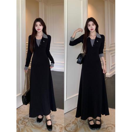 FA54222# 大码法式撞色翻领长袖连衣裙秋冬高级感收腰显瘦气质打底内搭长裙 服裝批發女裝批發服飾貨源