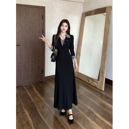 FA54222# 大码法式撞色翻领长袖连衣裙秋冬高级感收腰显瘦气质打底内搭长裙 服裝批發女裝批發服飾貨源