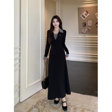 FA54222# 大码法式撞色翻领长袖连衣裙秋冬高级感收腰显瘦气质打底内搭长裙 服裝批發女裝批發服飾貨源