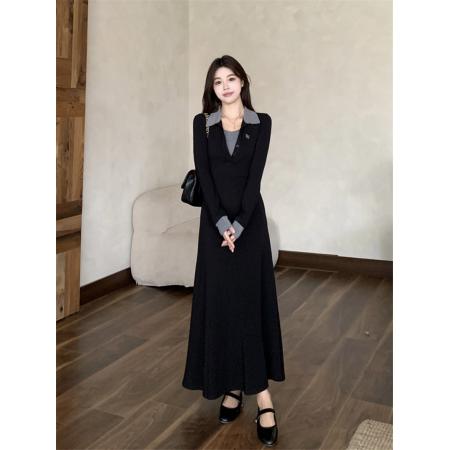 FA54222# 大码法式撞色翻领长袖连衣裙秋冬高级感收腰显瘦气质打底内搭长裙 服裝批發女裝批發服飾貨源