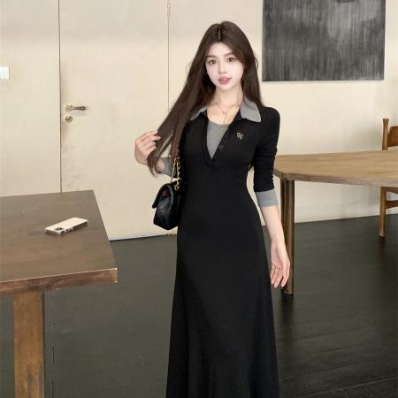 FA54222# 大码法式撞色翻领长袖连衣裙秋冬高级感收腰显瘦气质打底内搭长裙 服裝批發女裝批發服飾貨源