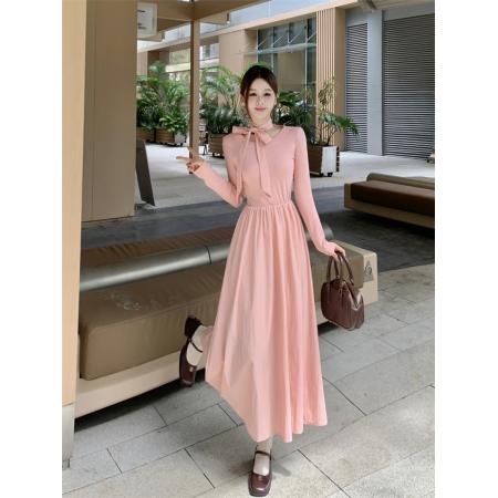 FA54223# 有里布大码秋气质百搭法式圆领温柔粉色长袖系带连衣裙 服裝批發女裝批發服飾貨源