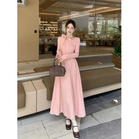FA54223# 有里布大码秋气质百搭法式圆领温柔粉色长袖系带连衣裙 服裝批發女裝批發服飾貨源