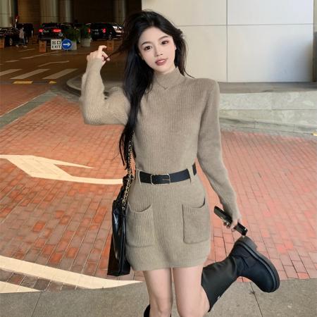 FA54224# 法式小香风长袖打底针织连衣裙女秋冬季新款内搭裙子配大衣毛衣裙 服裝批發女裝批發服飾貨源