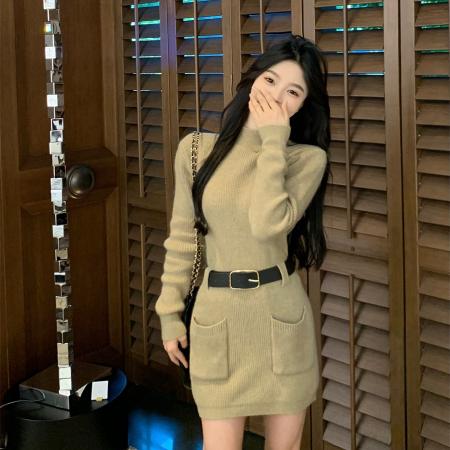 FA54224# 法式小香风长袖打底针织连衣裙女秋冬季新款内搭裙子配大衣毛衣裙 服裝批發女裝批發服飾貨源