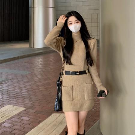 FA54224# 法式小香风长袖打底针织连衣裙女秋冬季新款内搭裙子配大衣毛衣裙 服裝批發女裝批發服飾貨源