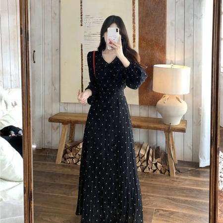 FA54225# 大码秋季气质赫本风收腰显瘦星点花语法式复古长袖连衣裙女 服裝批發女裝批發服飾貨源