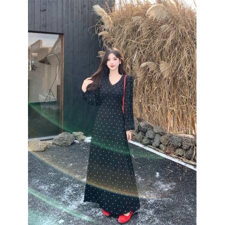 FA54225# 大码秋季气质赫本风收腰显瘦星点花语法式复古长袖连衣裙女 服裝批發女裝批發服飾貨源