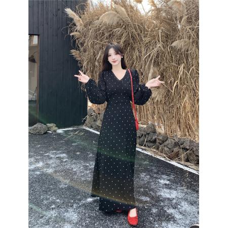 FA54225# 大码秋季气质赫本风收腰显瘦星点花语法式复古长袖连衣裙女 服裝批發女裝批發服飾貨源