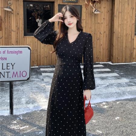 FA54225# 大码秋季气质赫本风收腰显瘦星点花语法式复古长袖连衣裙女 服裝批發女裝批發服飾貨源