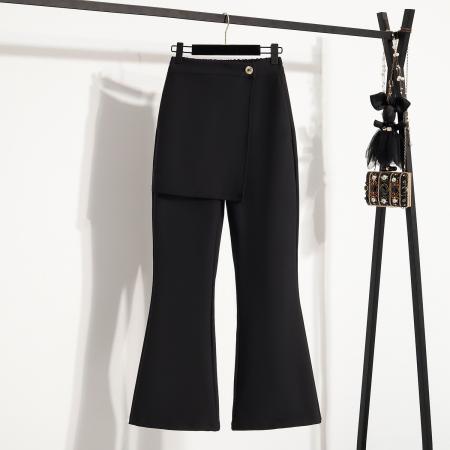 FA54227# 春款大码黑色松紧腰休闲裙裤胖MM弹力显瘦假二件微喇女裤 服裝批發女裝批發服飾貨源