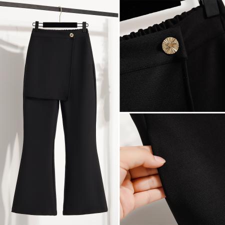 FA54227# 春款大码黑色松紧腰休闲裙裤胖MM弹力显瘦假二件微喇女裤 服裝批發女裝批發服飾貨源