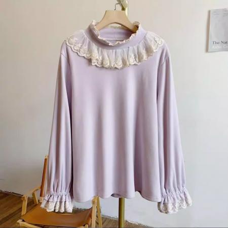 FA54240# 新款大码木耳领泡泡袖德绒弹力蕾丝边半高领打底长袖上衣保暖T恤 服裝批發女裝批發服飾貨源