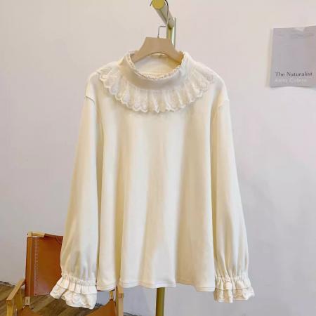 FA54240# 新款大码木耳领泡泡袖德绒弹力蕾丝边半高领打底长袖上衣保暖T恤 服裝批發女裝批發服飾貨源