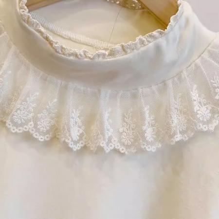 FA54240# 新款大码木耳领泡泡袖德绒弹力蕾丝边半高领打底长袖上衣保暖T恤 服裝批發女裝批發服飾貨源