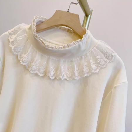 FA54240# 新款大码木耳领泡泡袖德绒弹力蕾丝边半高领打底长袖上衣保暖T恤 服裝批發女裝批發服飾貨源