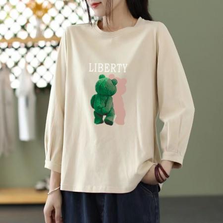 FA54241# 文艺纯棉九分袖T恤女春秋新款韩版宽松大码显瘦中袖圆领上衣 服裝批發女裝批發服飾貨源