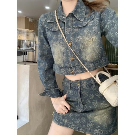 FA54243# 新款美式复古辣妹短款外套早秋高级感牛仔半裙套装 服裝批發女裝批發服飾貨源