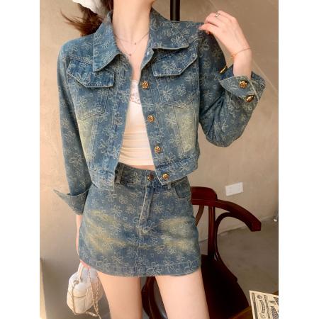 FA54243# 新款美式复古辣妹短款外套早秋高级感牛仔半裙套装 服裝批發女裝批發服飾貨源