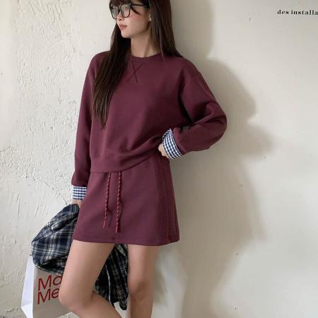 FA54245# 系学院套装拼接格纹假两件卫衣抽绳半身裙时髦两件套女 服裝批發女裝批發服飾貨源