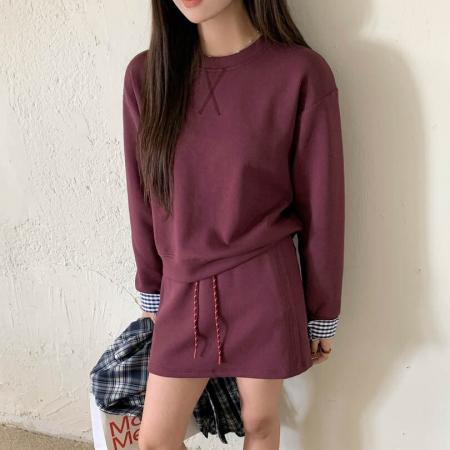 FA54245# 系学院套装拼接格纹假两件卫衣抽绳半身裙时髦两件套女 服裝批發女裝批發服飾貨源